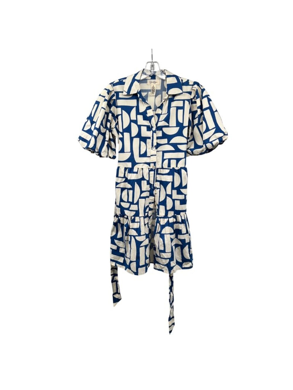Jessica Simpson Print Shirt Dress Tiered Blue/White Short Sleeve Belted Small